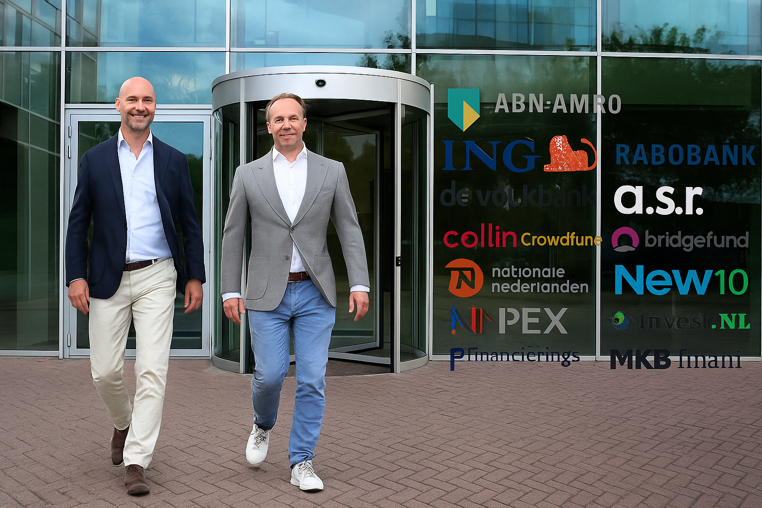 Twee mannen lopen bankgebouw uit