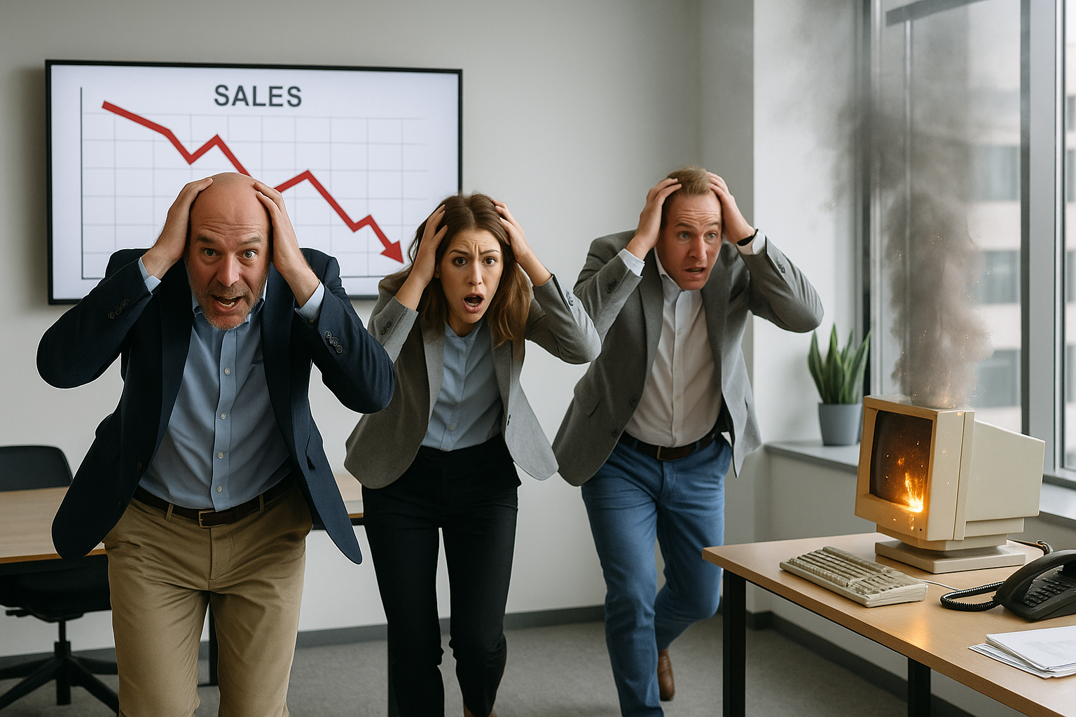 Drie mensen met handen in het haar met daarachter whiteboard met neergaande sales grafiek