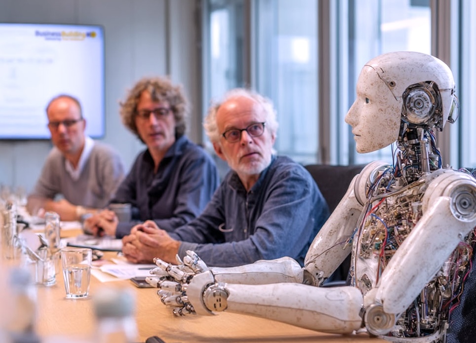 drie mannen en robot aan spreektafel