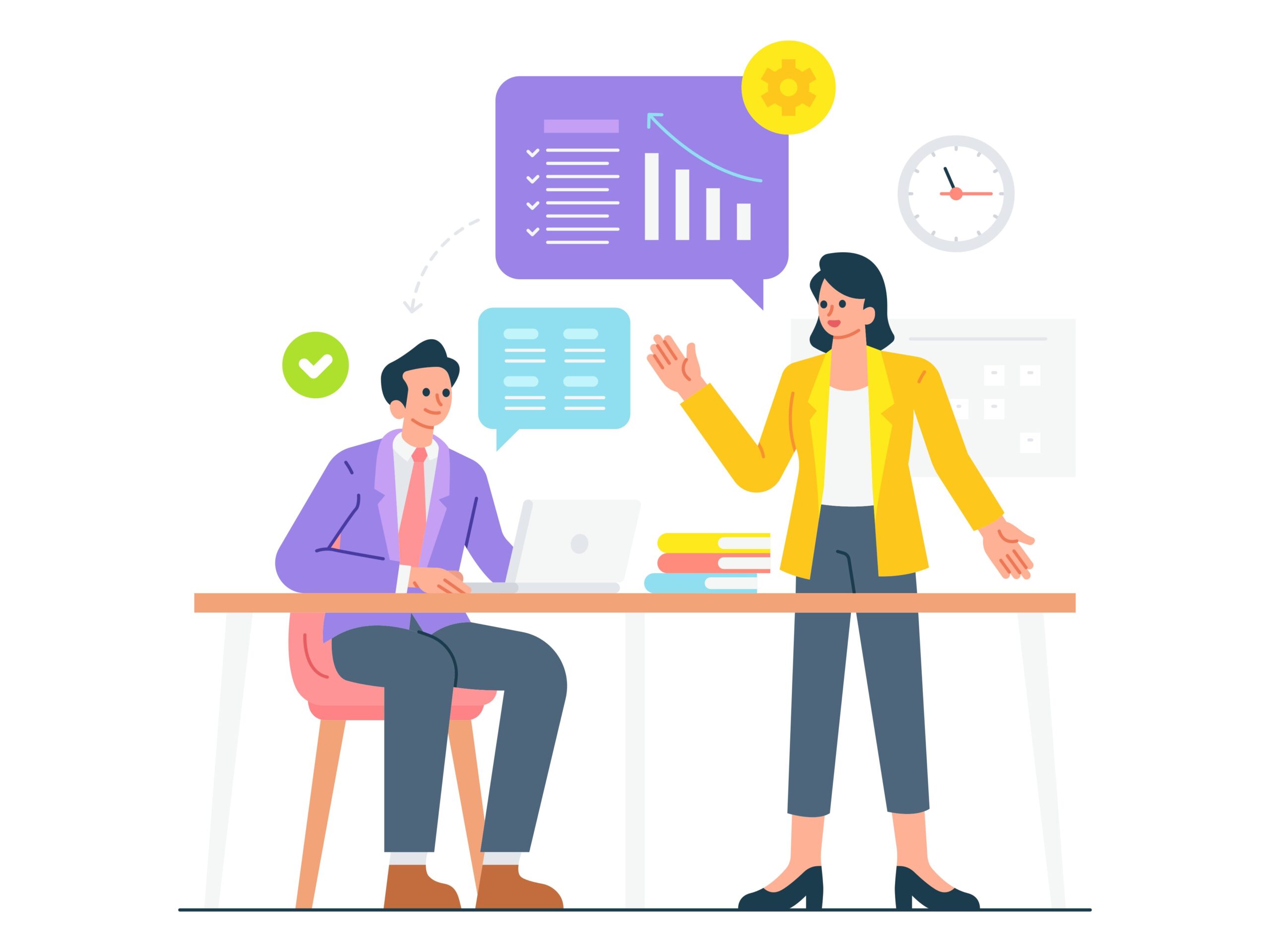 Kleurrijke tekening van twee mensen aan bureau, achter hen grafieken en klok