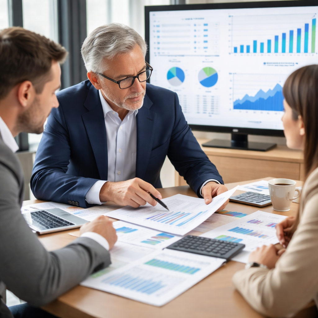3 mensen aan tafel bekijken grafieken