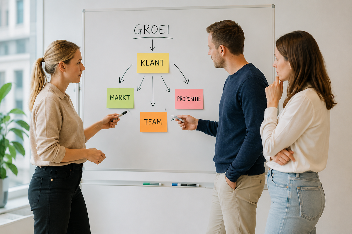 Beeld bij artikel over groei drie mensen kijken naar whiteboard met post-its over commerciele groei