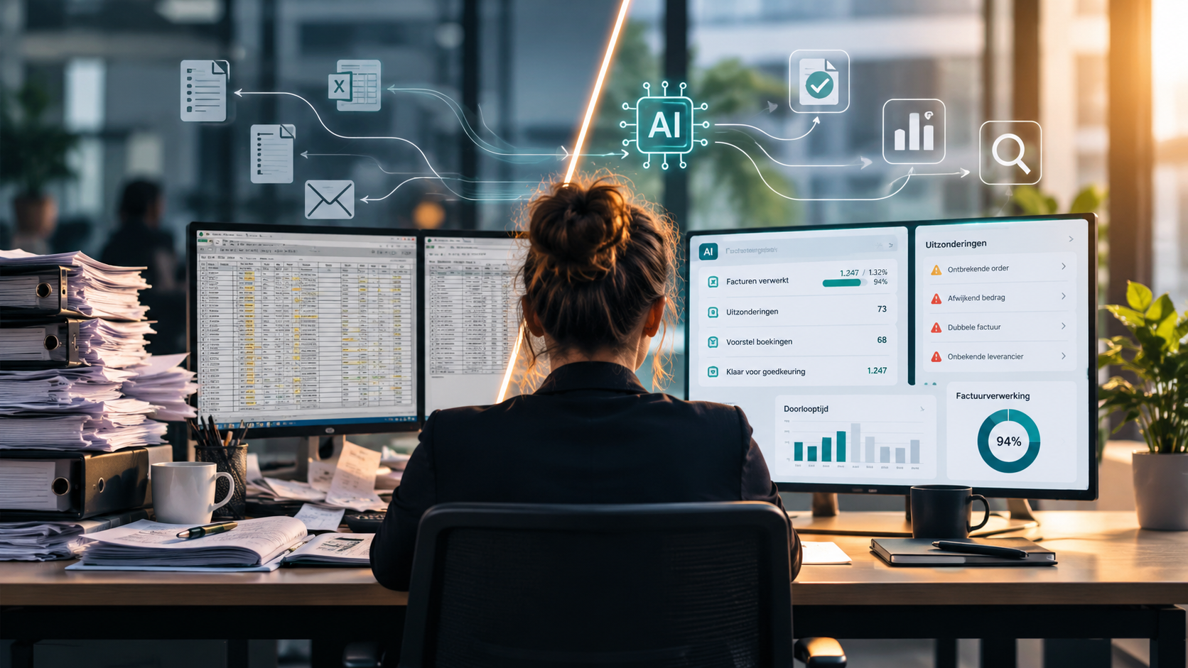 Van Rommelige spreadsheets naar AI-inzichten vrouw kijkt naar beeldschermen met grafieken en tabellen